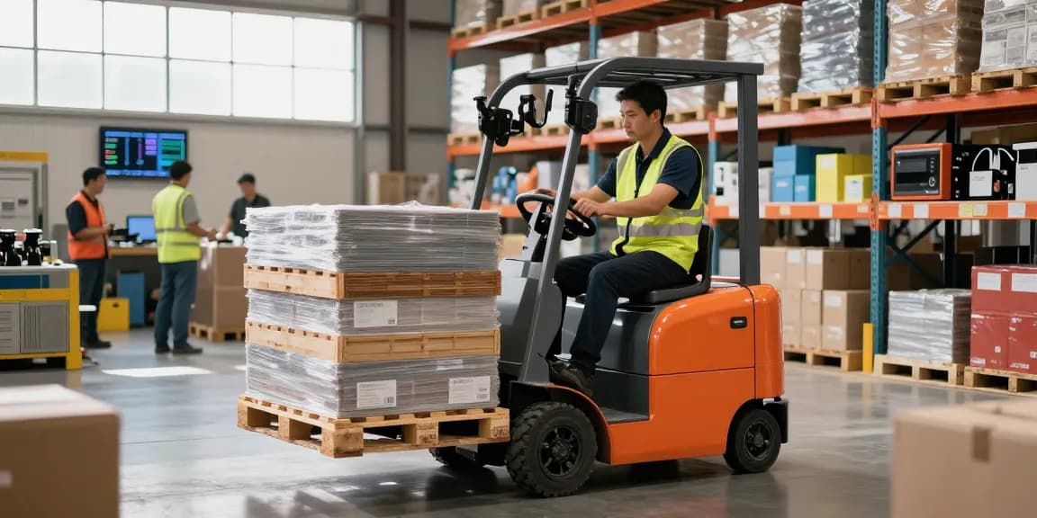 Warehouse worker operating an electric pallet truck efficiently moving goods in a vibrant and busy environment.