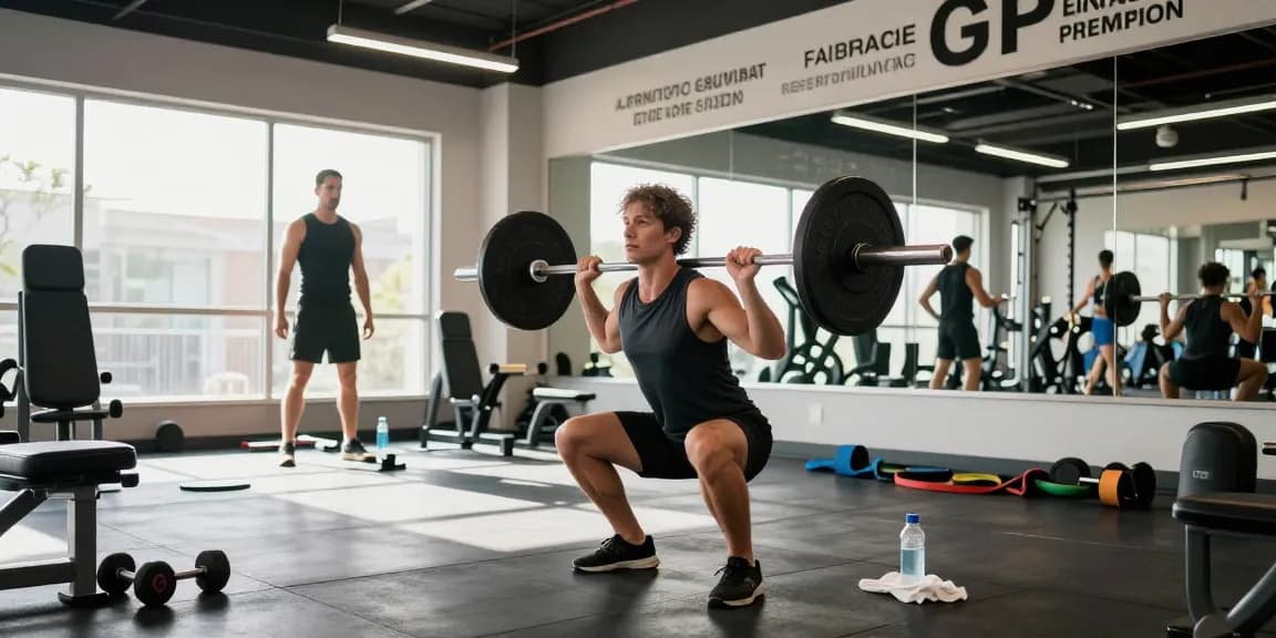 Steroide Boutique fitness scene with athlete performing barbell squat in a modern gym