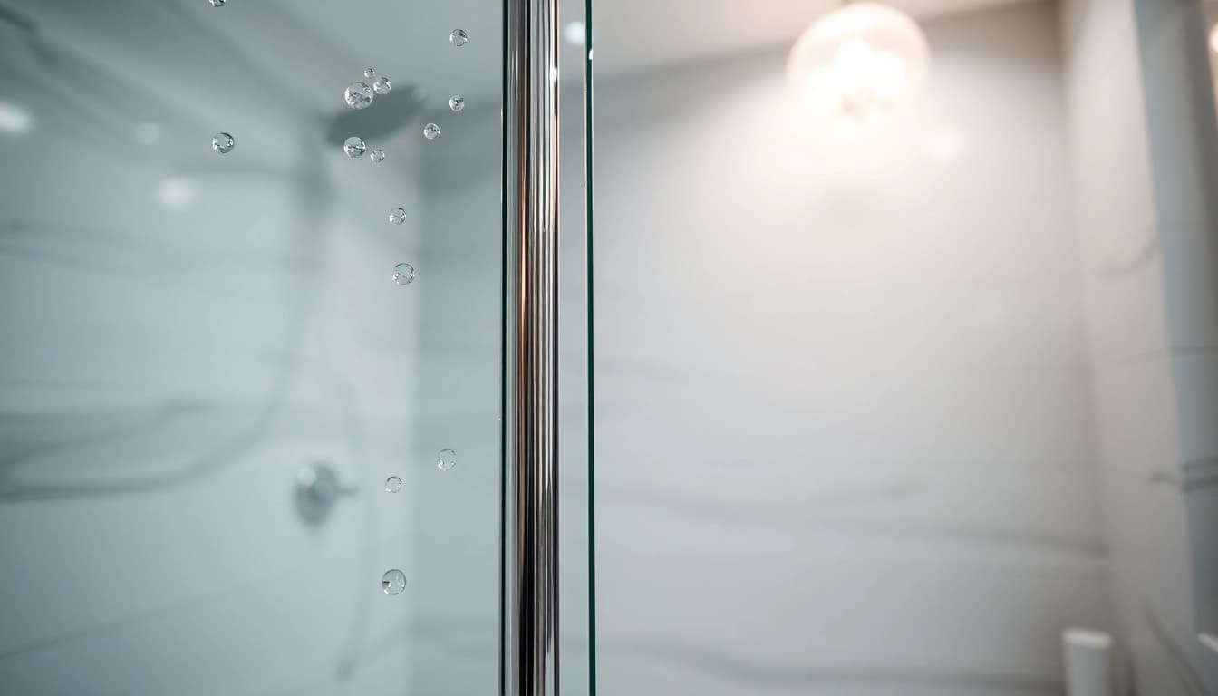Show shower screen sliding door with polished chrome frame and water droplets in a modern bathroom.