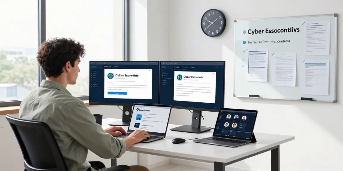 Technician monitoring Cyber Essentials compliance metrics in a modern workspace, displaying professional cybersecurity practices.