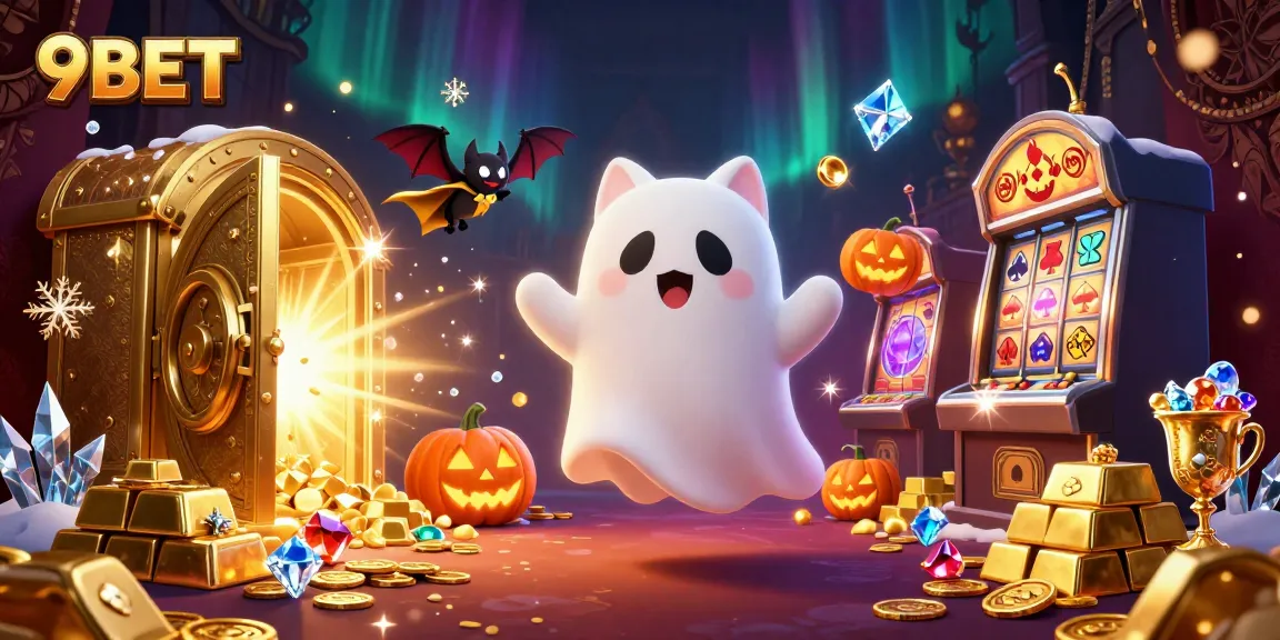 Join the fun at 9BET, with a ghost cat and bat exploring thrilling casino adventures!