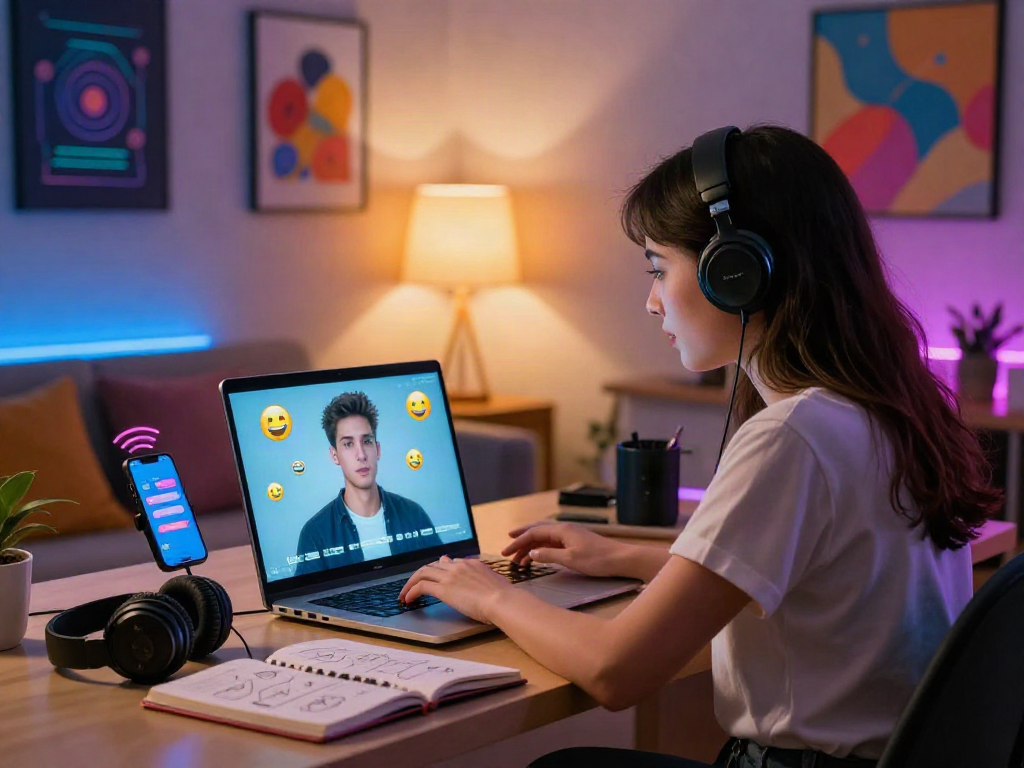 Engaging interaction with porn chat AI in a cozy modern workspace, showcasing digital communication.
