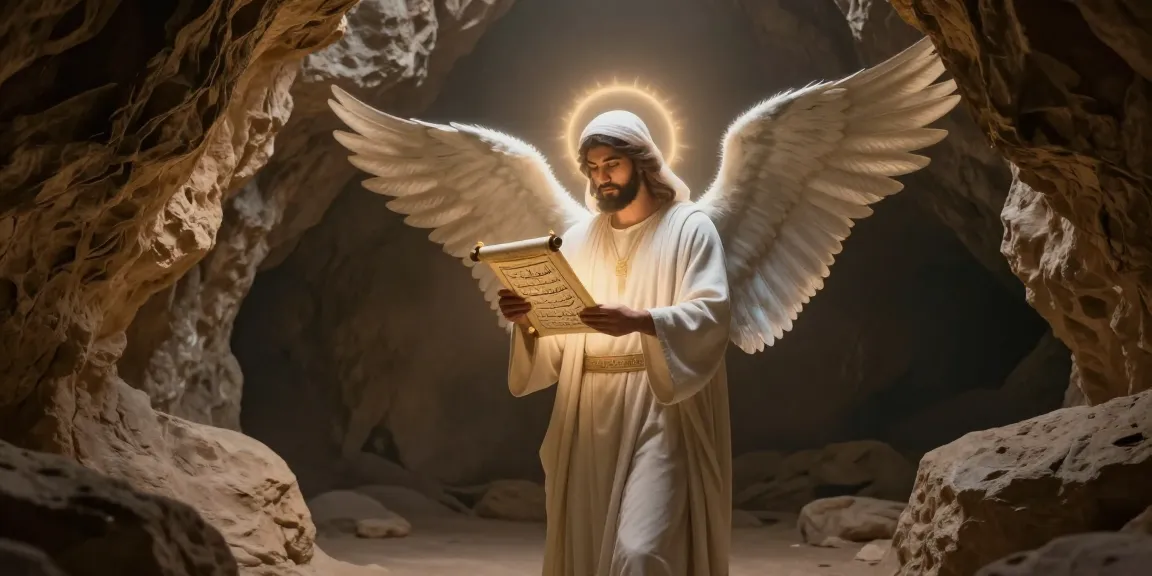 angel Jibreel reveals the Qur'an in a serene cave illuminated by divine light