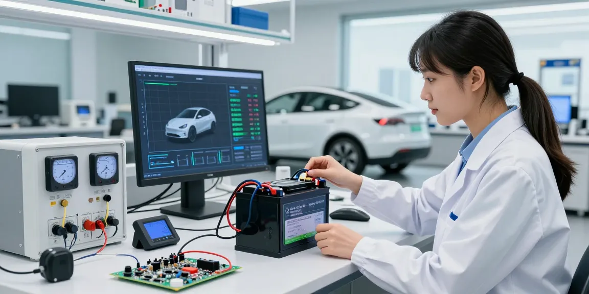 Batterie lifepo4 being showcased by a technician in a modern tech lab.