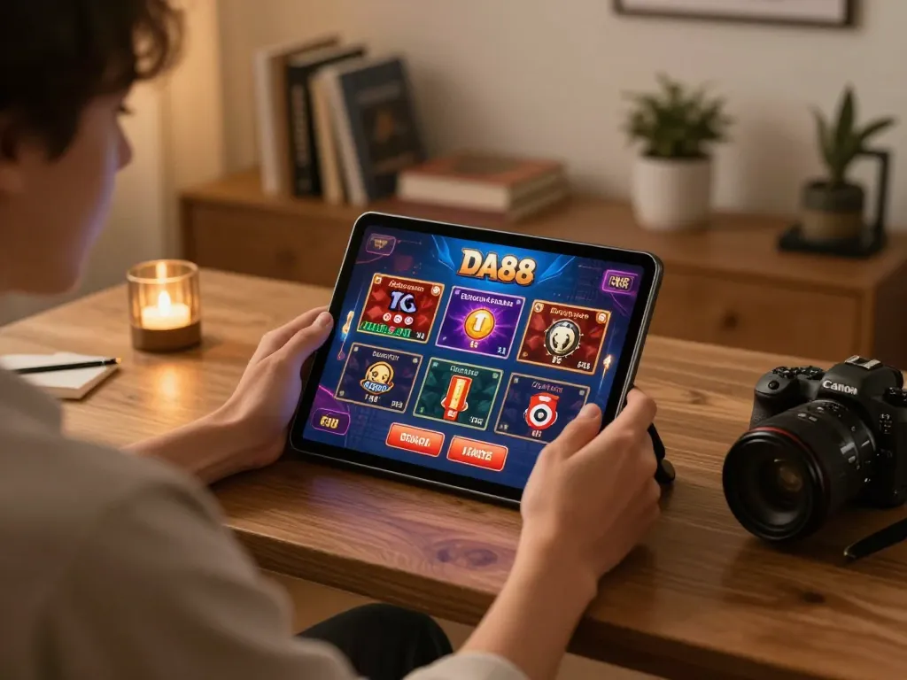 Engaged player using tablet for DA88 online gaming, enjoying a cozy and strategic atmosphere