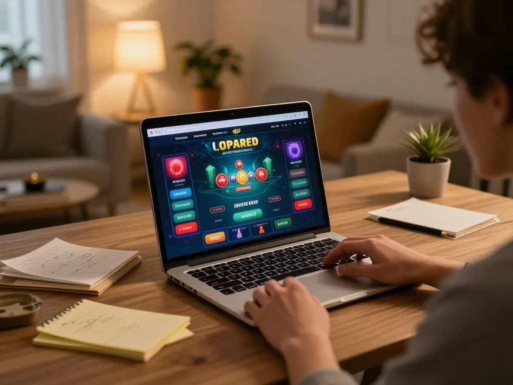 KU88 player strategizing at home on a laptop, displaying an engaging online poker game.