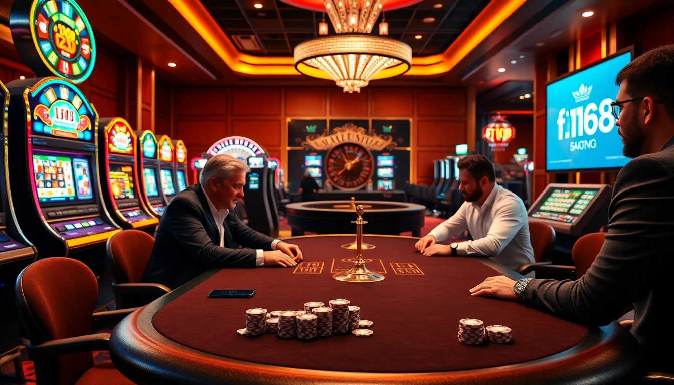 Players enjoy an intense poker game at a luxurious casino, showcasing the f168 brand.