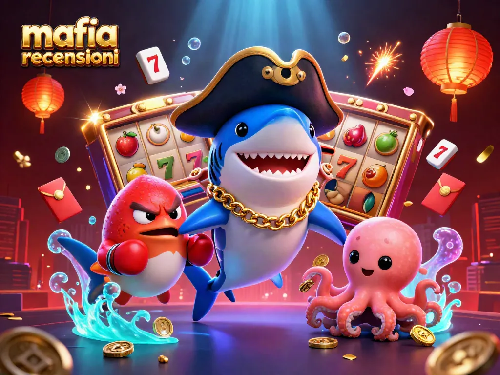 Mafia casino recensioni showcases a vibrant underwater casino scene with a pirate shark, pufferfish, and octopus surrounded by slot reels and festive decorations.