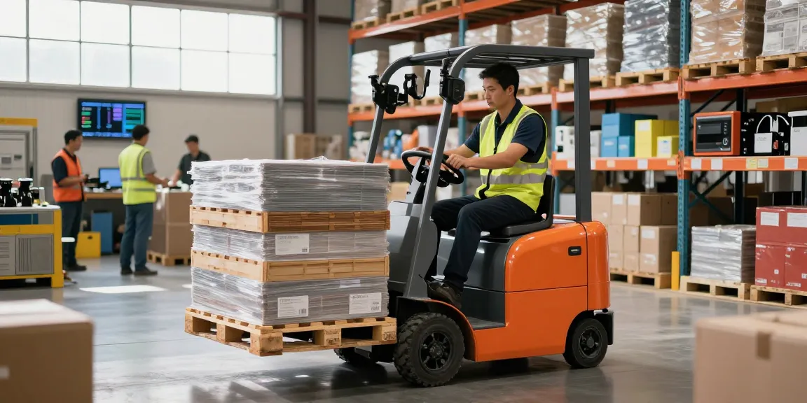 Warehouse worker operating an electric pallet truck efficiently moving goods in a vibrant and busy environment.