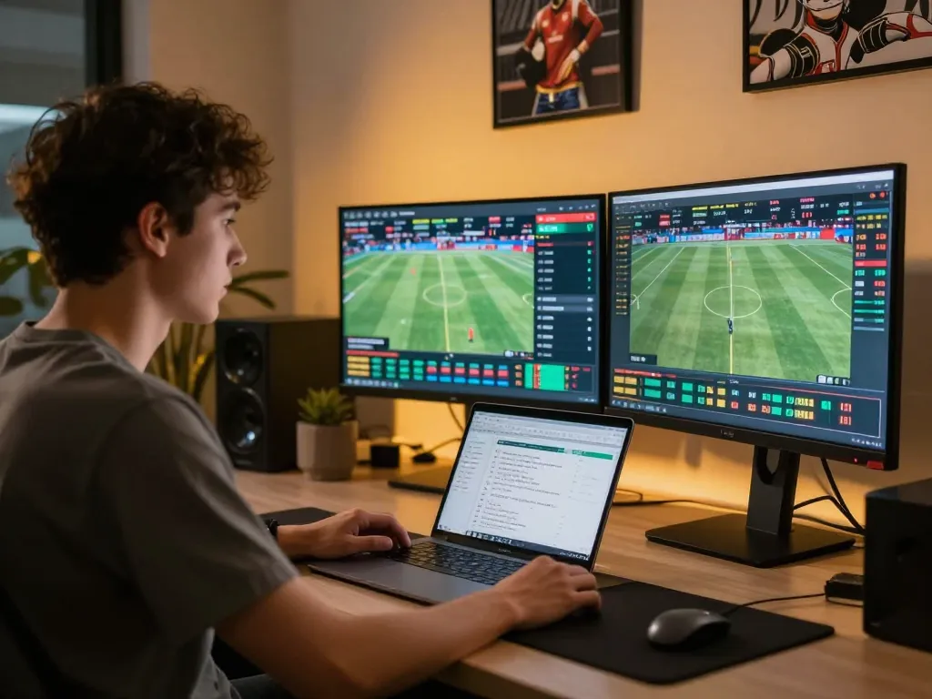 Engaging sports betting moment with 58Win platform displayed on multiple screens for strategic insights.
