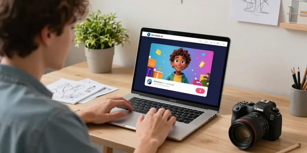 Engaging with Ourdream AI on a laptop in a creative workspace, showcasing roleplay interactions.