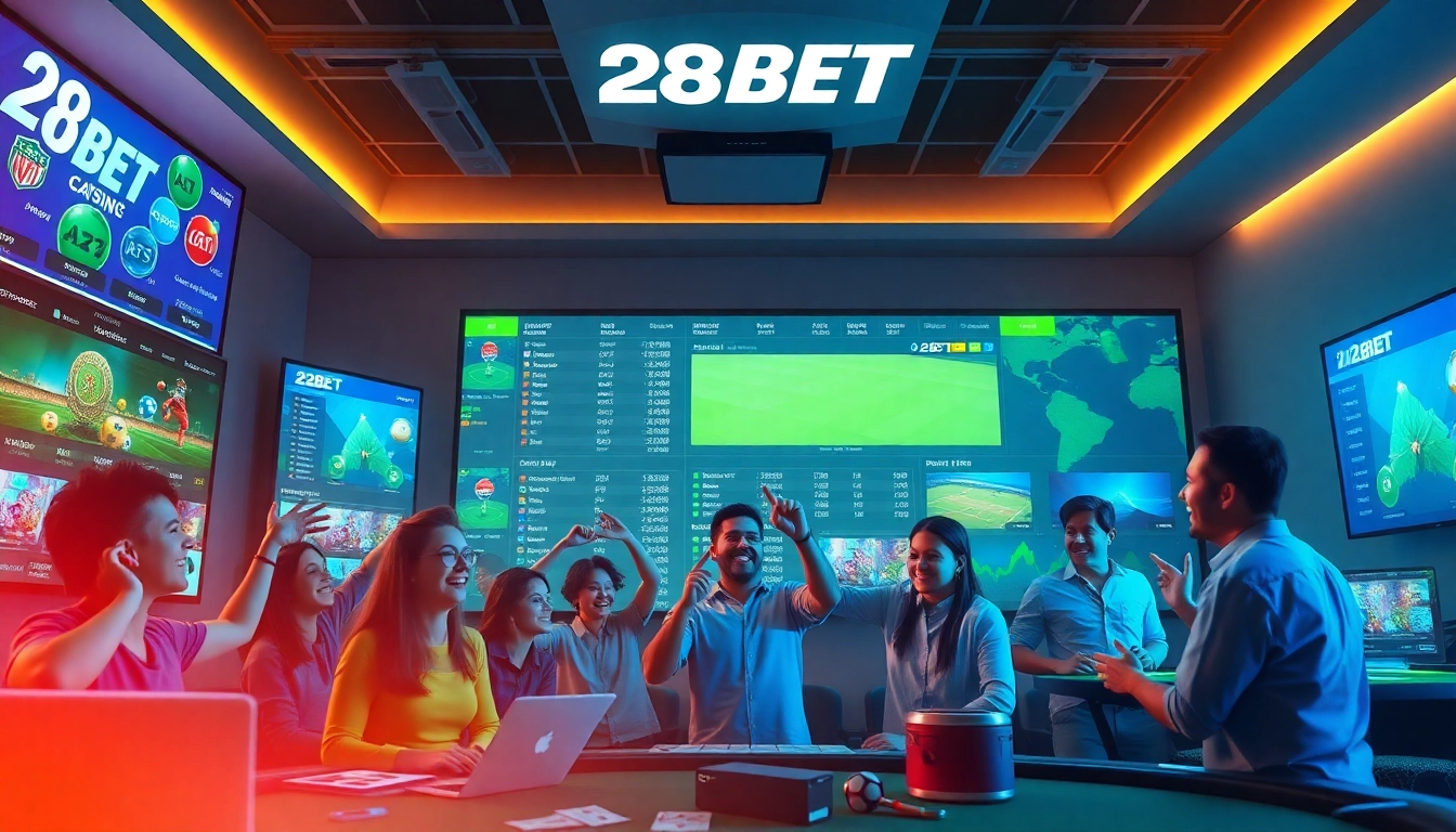 Exciting online betting scene featuring 28BET with diverse players and digital screens.