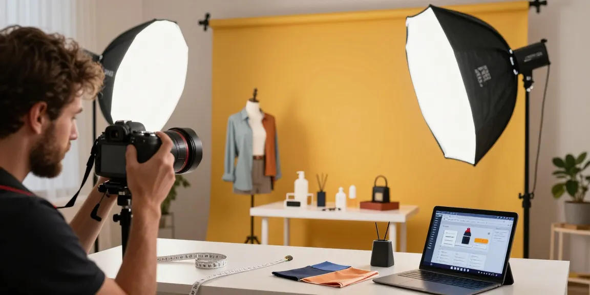 Fotografo professionista che cattura servizi fotografici ecommerce con arrangiamenti di prodotto eleganti e illuminazione da studio.