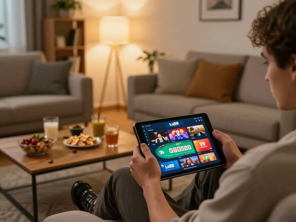 Engaging with Lu88 online casino on tablet while enjoying a cozy gaming setup at home