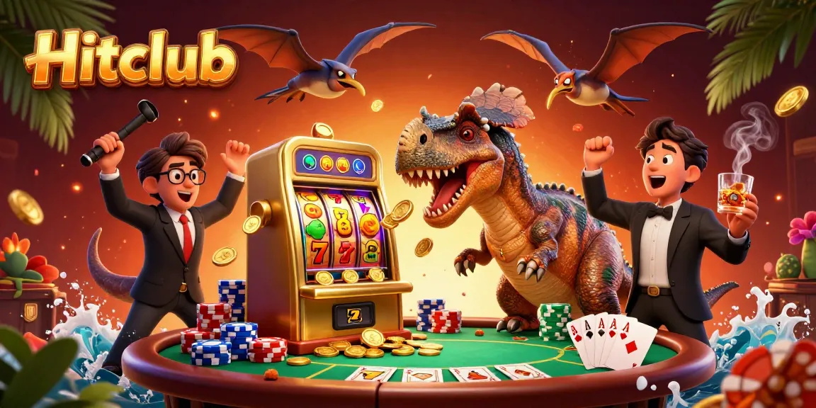 Hitclub players celebrate jackpot wins as dinosaurs interact with slot machines and poker elements in a vibrant casino scene.