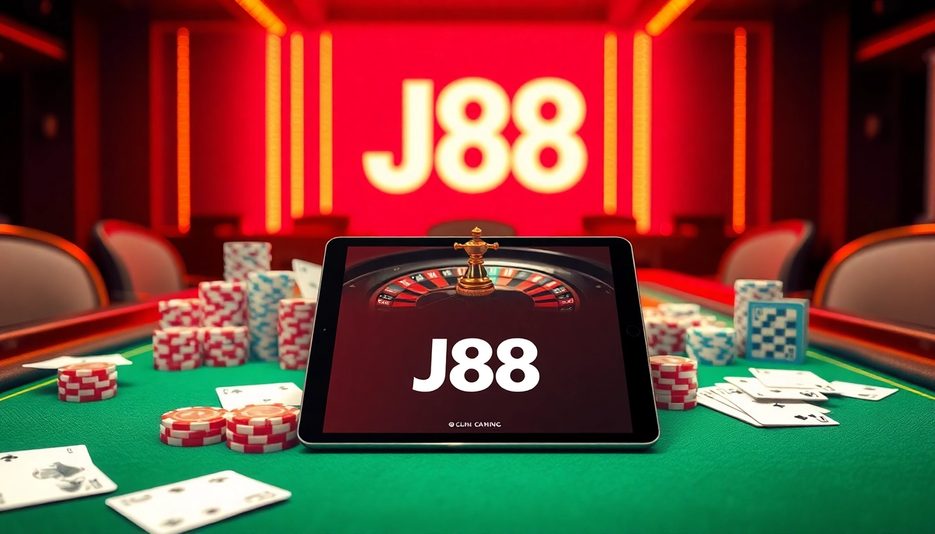 Experience a thrilling game of chance with J88 casino chips and cards on a vibrant gambling table.