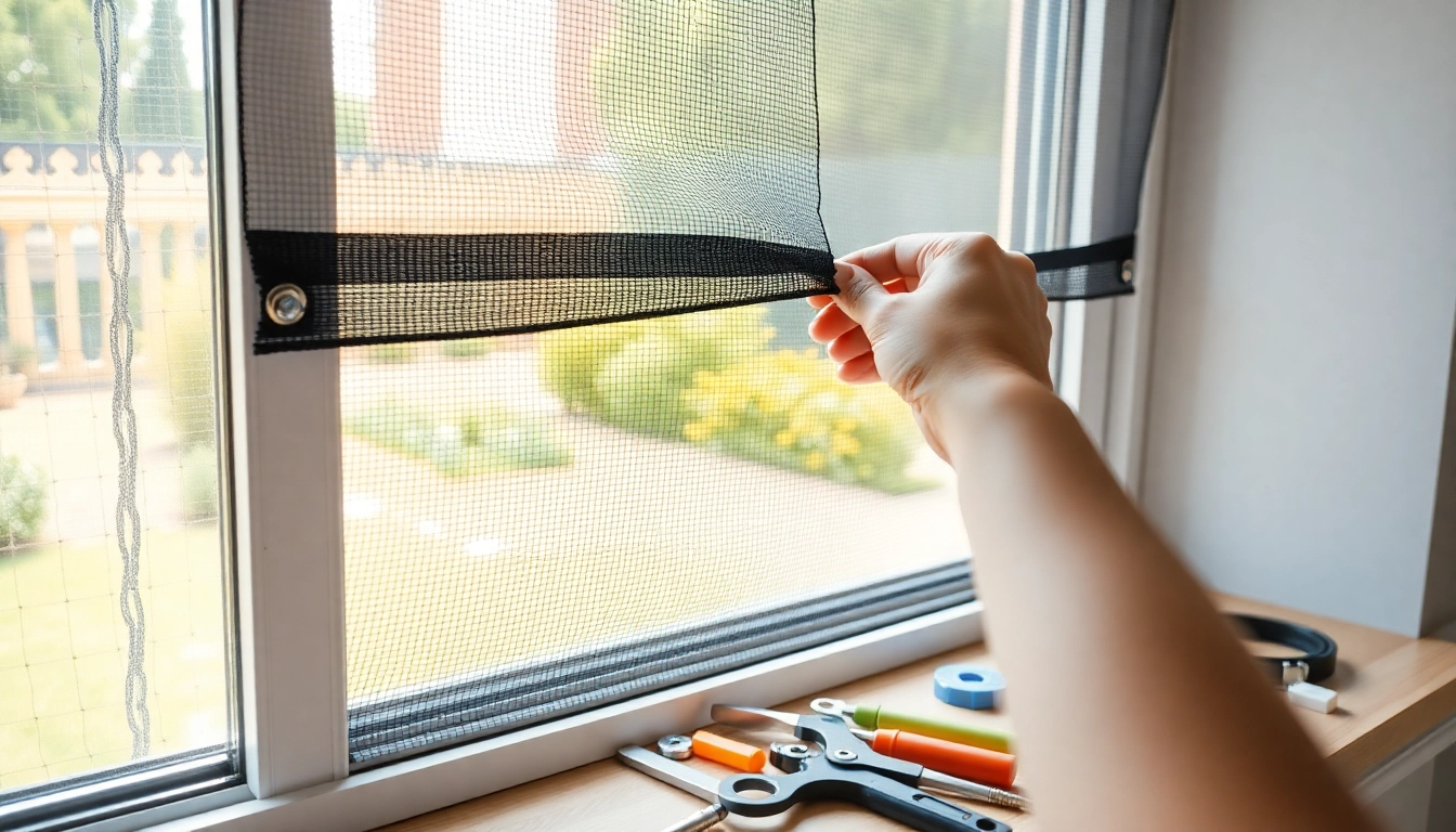 Instalación de mosquiteras en una ventana, mostrando detalles y ajustes precisos.