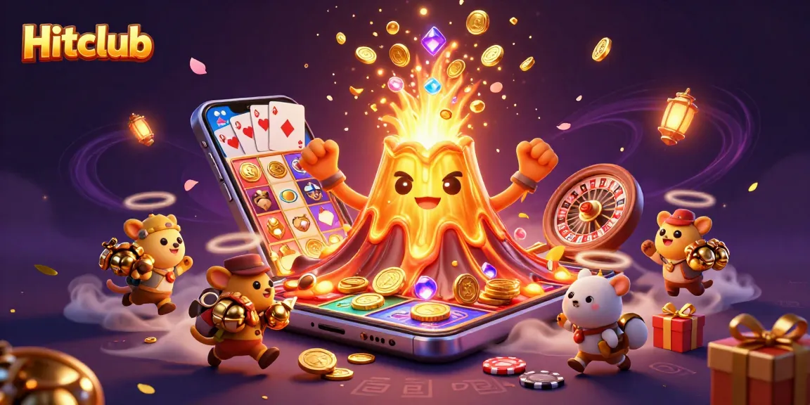 Hitclub players enjoy thrilling slots and treasures from a vibrant, illustrated casino scene.