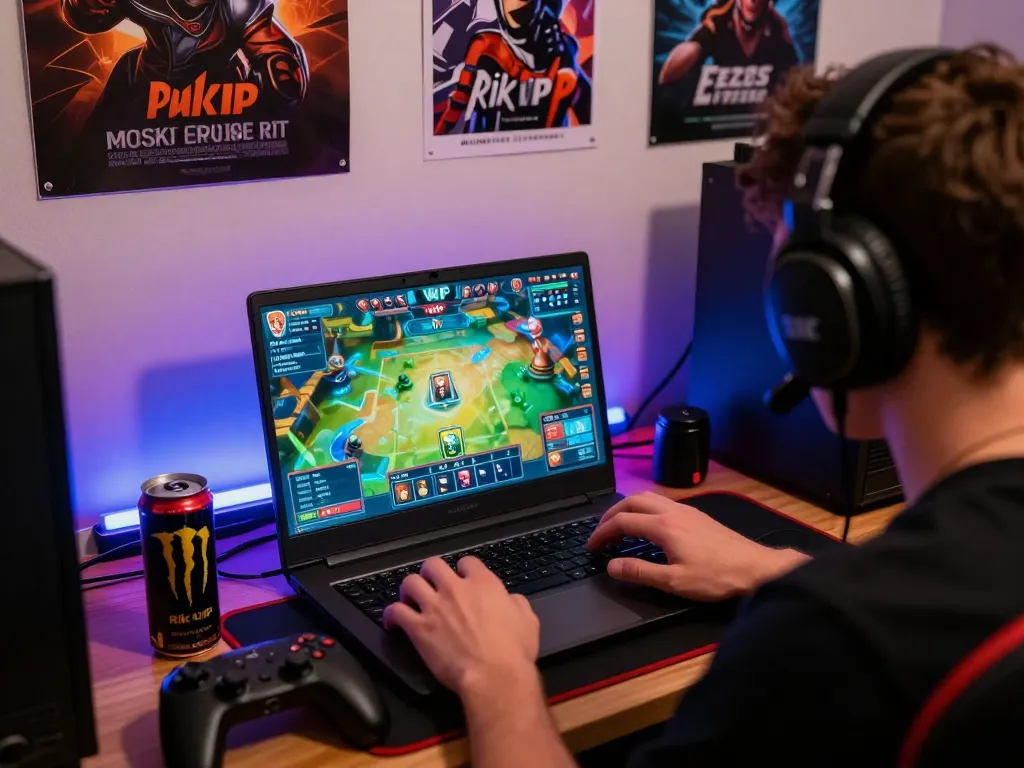 Engaged player at laptop in vibrant Rik VIP gaming nook enjoying online card games.