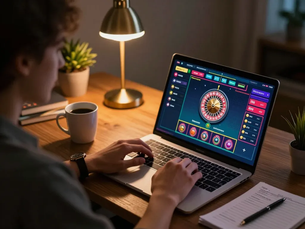 Person engaging in an online DEBET casino session with colorful game interface and warm lighting.