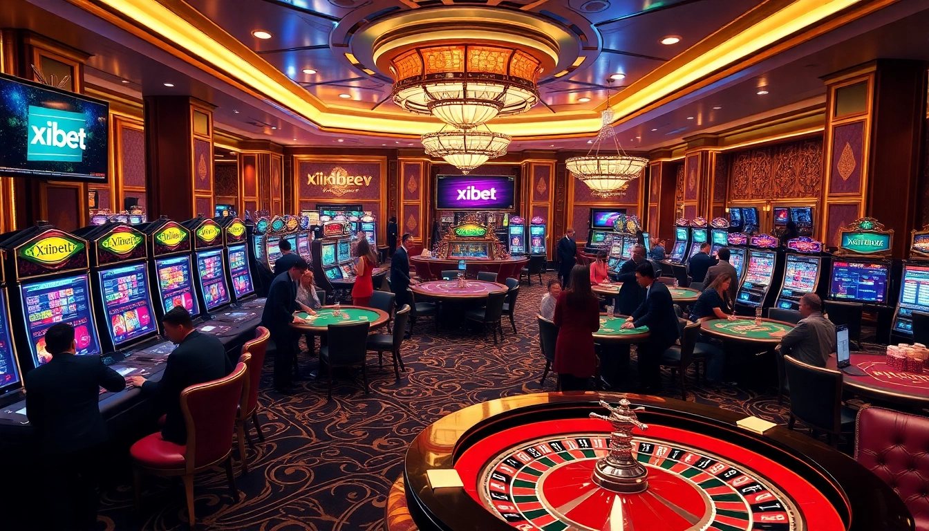 Xibet casino scene showcasing vibrant slot machines and engaging players at poker tables.