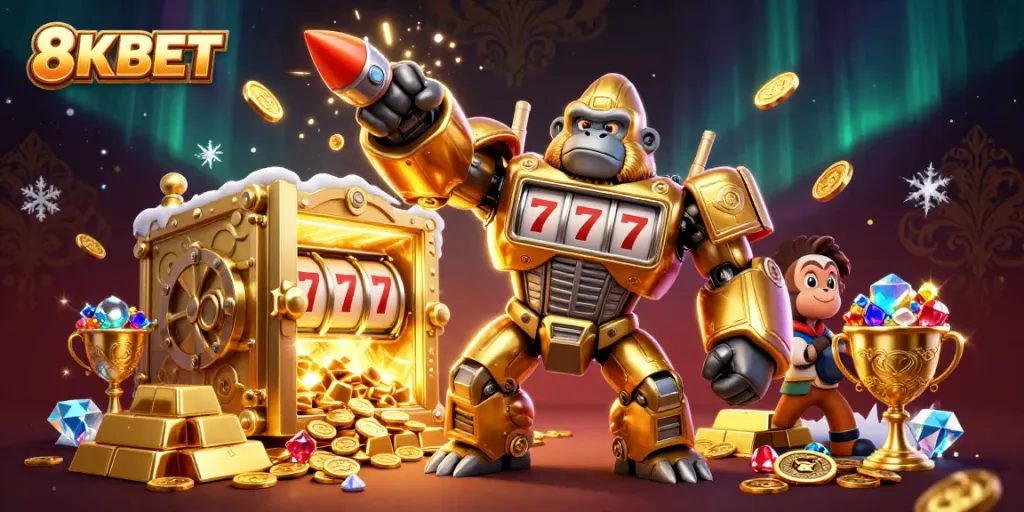 8KBET showcases a dynamic scene with a golden gorilla mech and treasure, representing casino excitement.