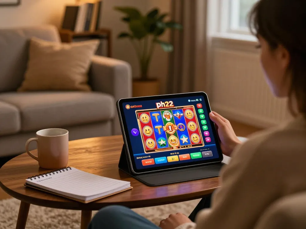 Engaging in online casino fun with ph22 app on tablet in cozy home setting, highlighting responsible gaming.