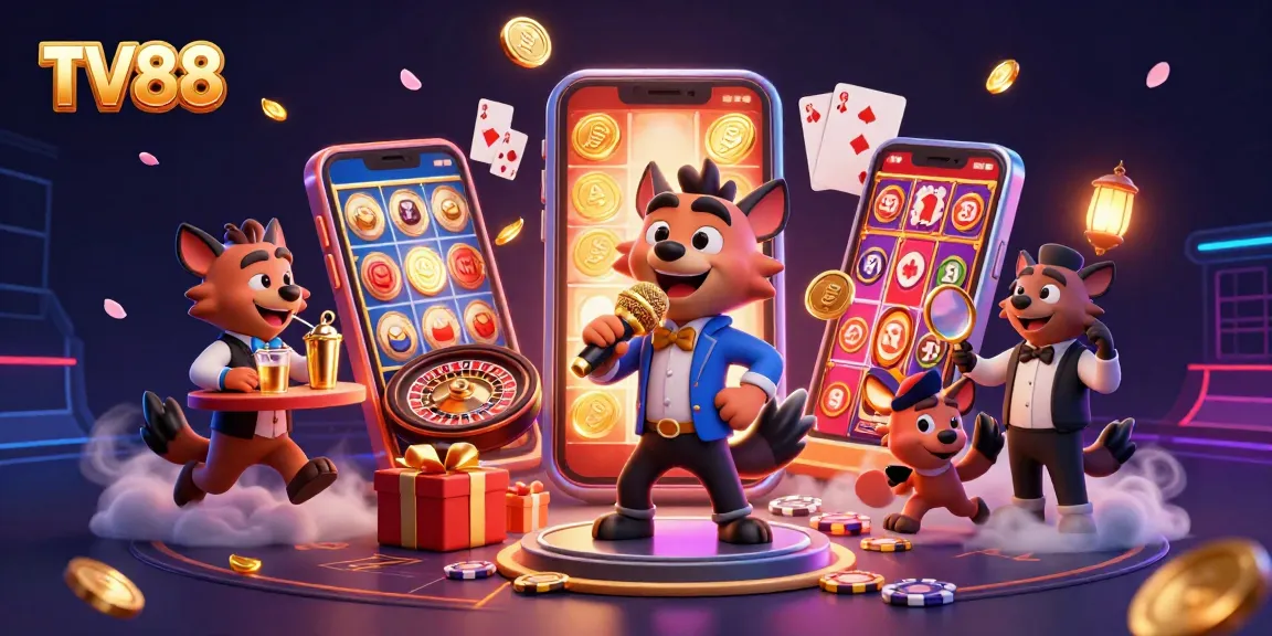 Engage with TV88's thrilling casino experience featuring cartoon hyenas in action.