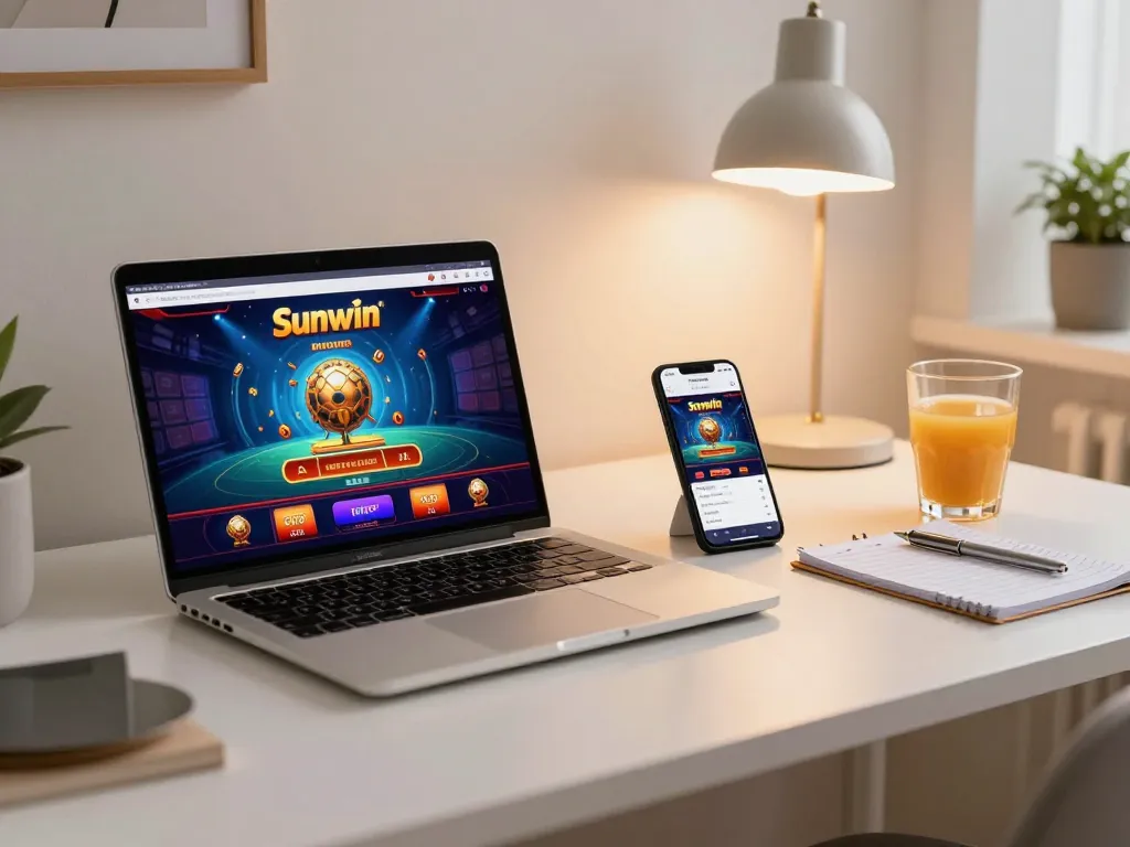 Engaging in online gaming on Sunwin app, showcasing vibrant table interface and cozy home environment