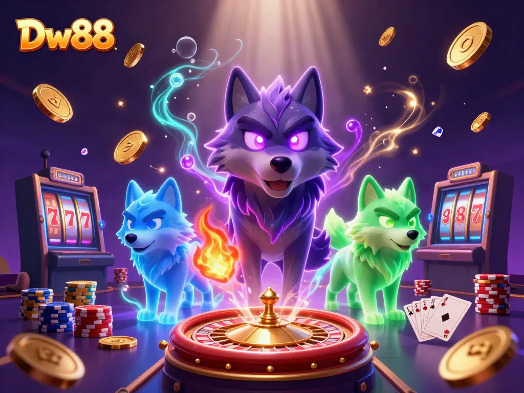 Experience the thrill of Dw88's gaming action with cartoon wolves surrounded by gleaming winnings.