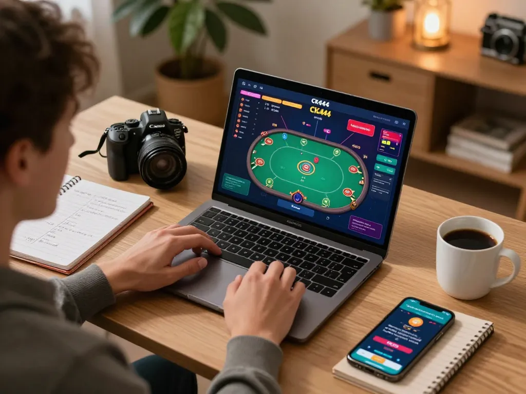 CK444 player strategizing poker bets while using laptop in cozy home setup