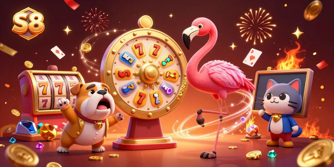 S8 enhances gaming experiences with a vibrant prize wheel scene featuring a flamingo host, bulldog contestant, and prizes.