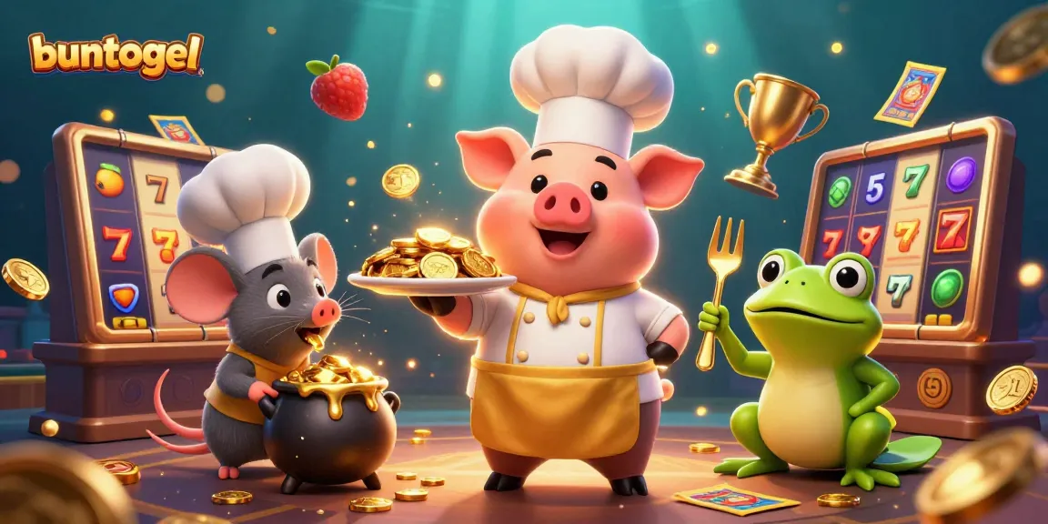 Experience excitement with buntogel in a dynamic 3D illustration showcasing slot reels, gold coins, and engaging characters.