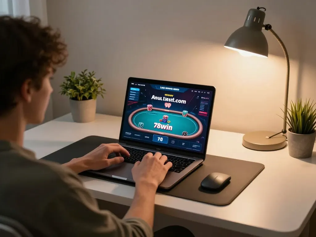 Engaging poker gameplay on 78win.com, person using a laptop for online gambling, focused environment.