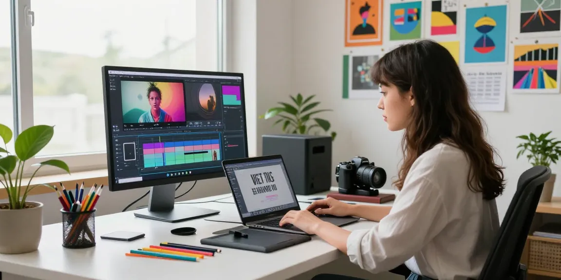 Add overlay text to video in a modern creative studio setting with a young woman editing.