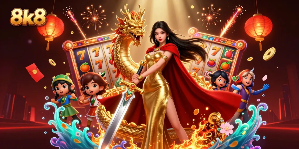 Experience thrilling slots and jackpots with 8k8 casino in a dynamic 3D illustration.