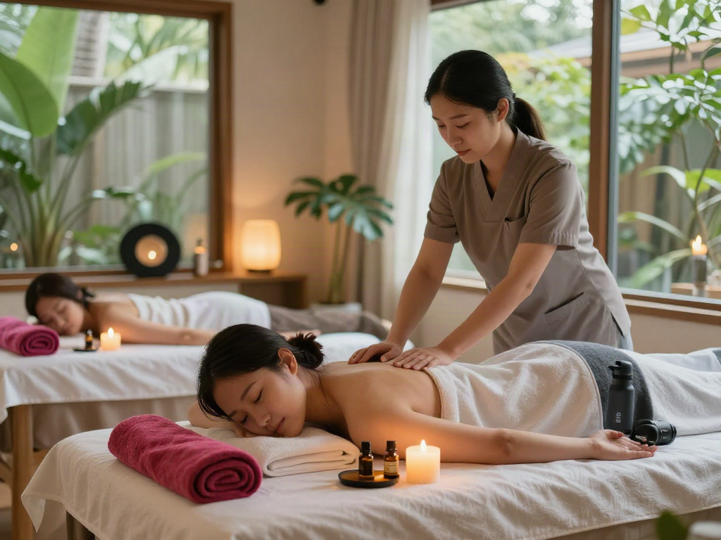 Therapist performing 향남출장마사지 in a calming wellness spa, with candles and essential oils.
