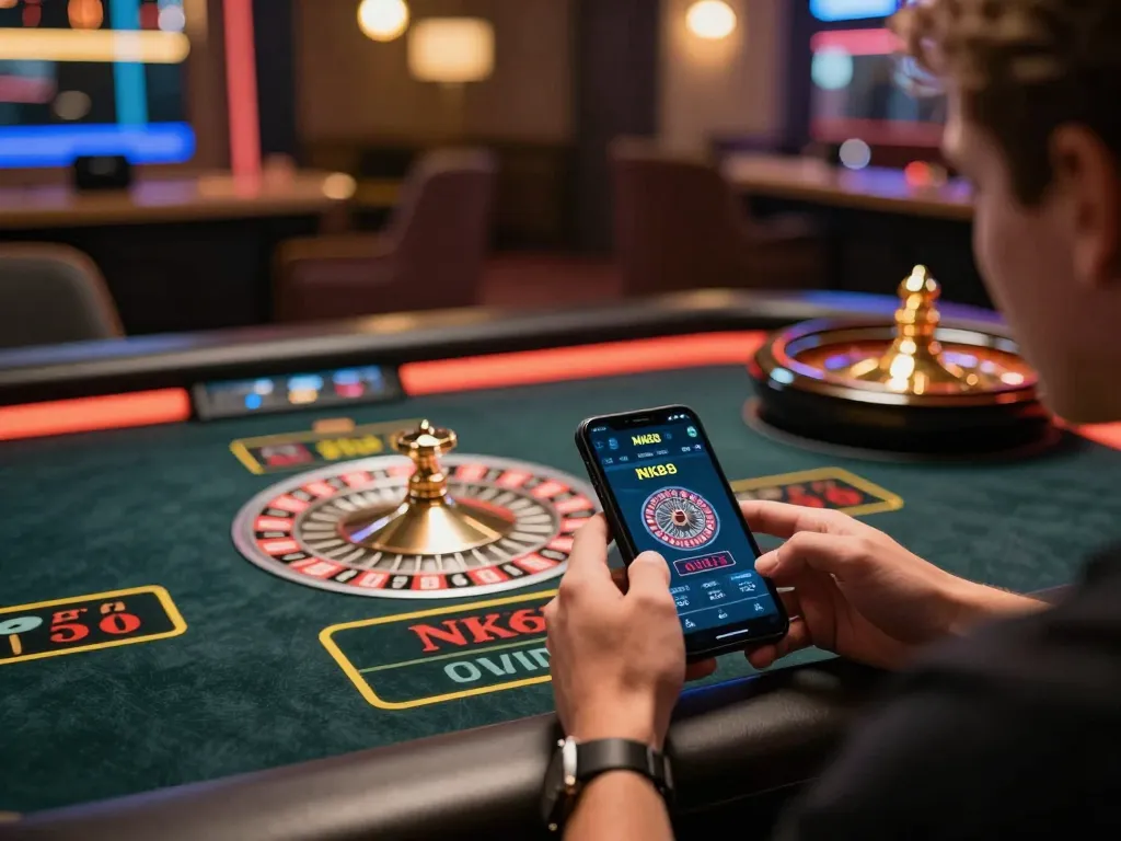 Player enjoying the NK88 app on their smartphone in a cozy home setting, focusing on a live dealer game.