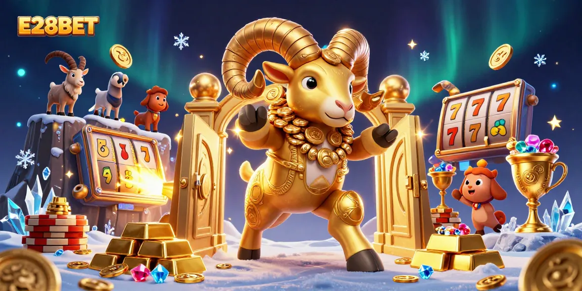 E28BET players enjoy thrilling slot games with a golden ram and treasures in a lively casino scene.