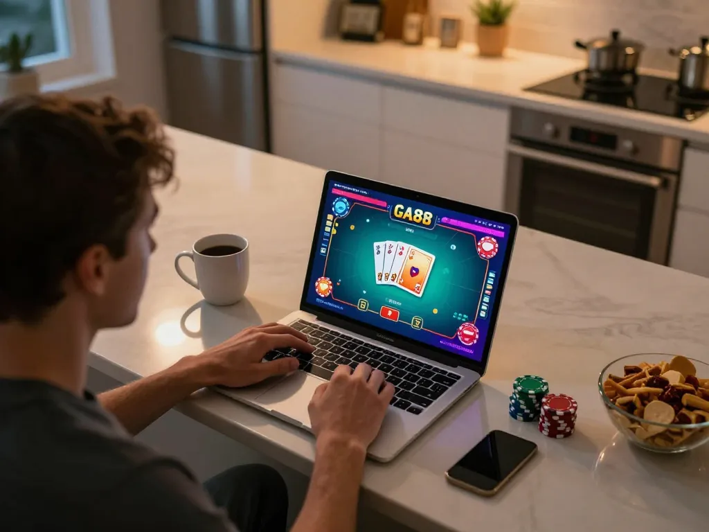 Engaging in a GA88 poker game at home, showcasing strategy and comfort during online gaming.