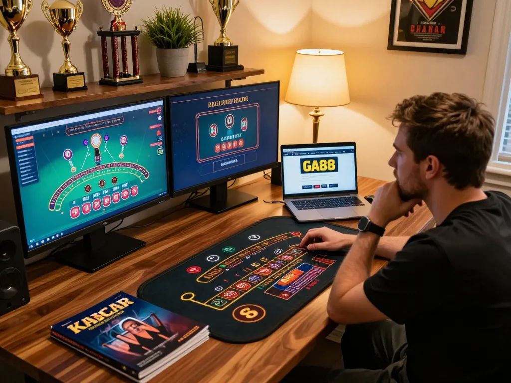 Engage with GA88 online casino games on a luxurious gaming setup, featuring strategy guides and multiple screens.