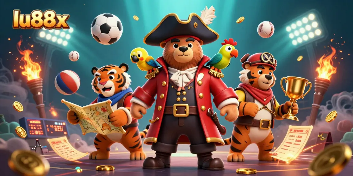 Experience thrilling sports betting action with lu88x featuring a pirate bear, tiger, and dynamic elements.
