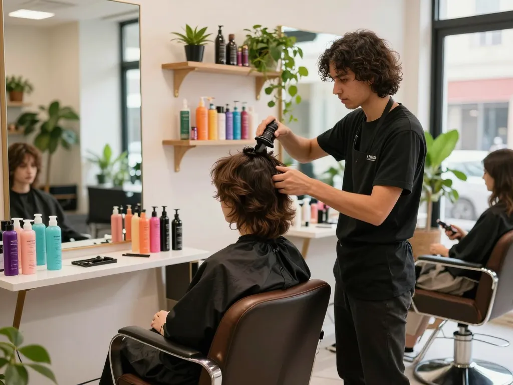 Parrucchiere stilista che offre un taglio moderno in un salone vivace