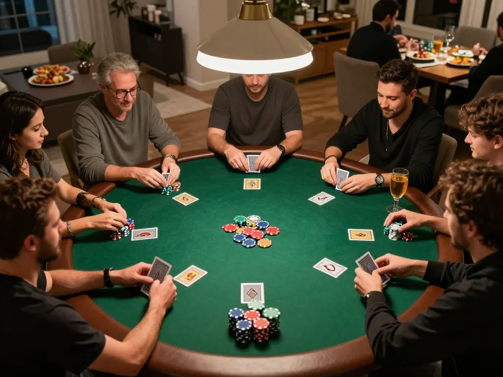 VSBET players engaging in a thrilling poker game with chips and cards visible, showcasing competitive spirit.