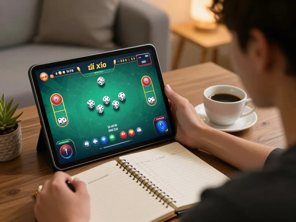 Exciting tài xỉu online gaming experience showcased with dice rolling on tablet, engaging home atmosphere.