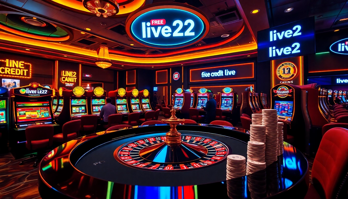 Experience thrilling gameplay with free credit live22 at a vibrant casino atmosphere, featuring roulette and slot machines.