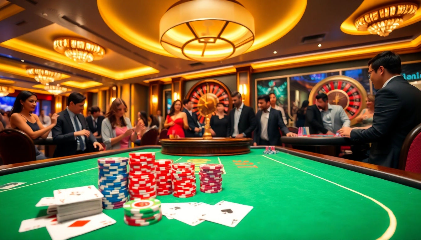 LEO88 players enjoying a thrilling poker game at an upscale casino table.