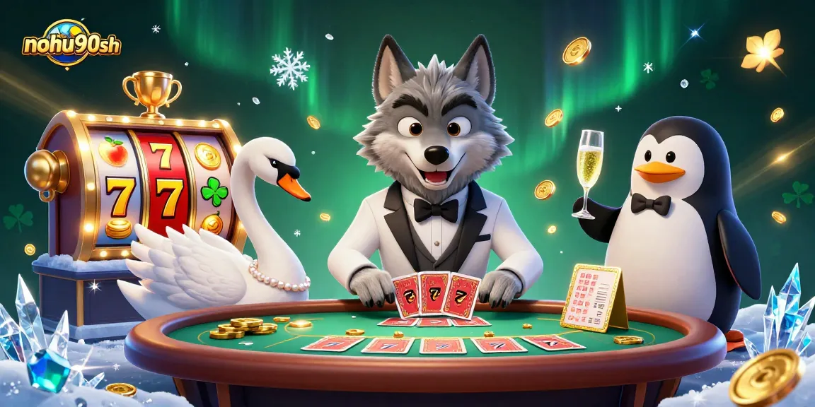 Nohu90sh showcases an elegant wolf, swan, and penguin in a vibrant casino scene, celebrating wins.