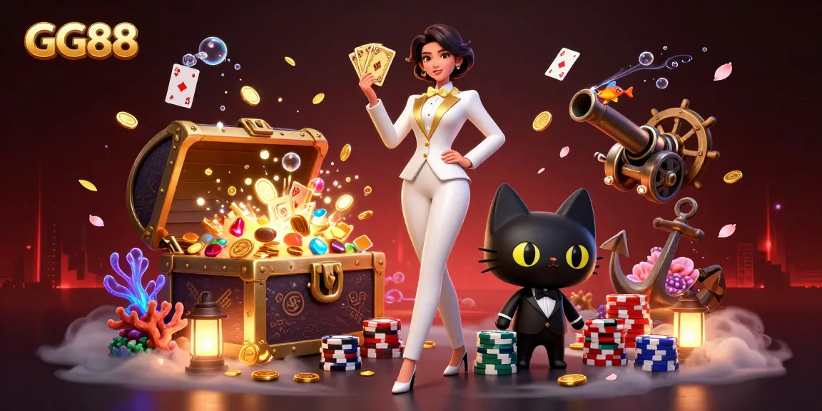 GG88 offers thrilling gameplay; a glamorous woman and her cat engage in a vibrant casino adventure.