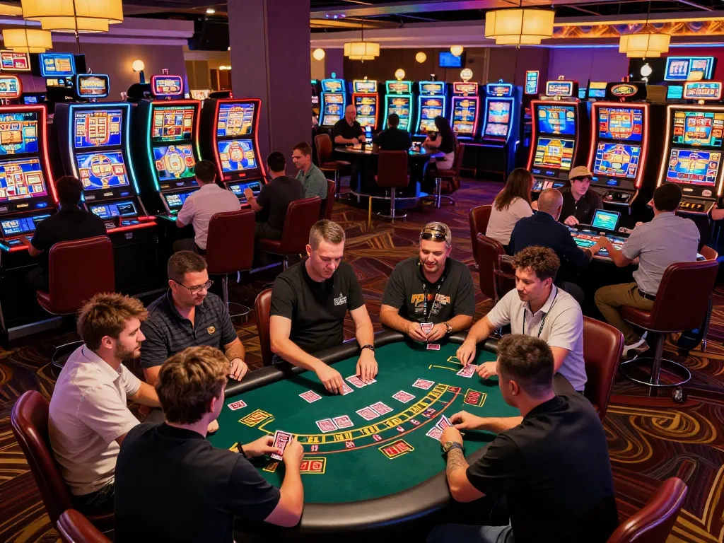 FABET players strategizing at a lively blackjack table in a vibrant casino atmosphere.
